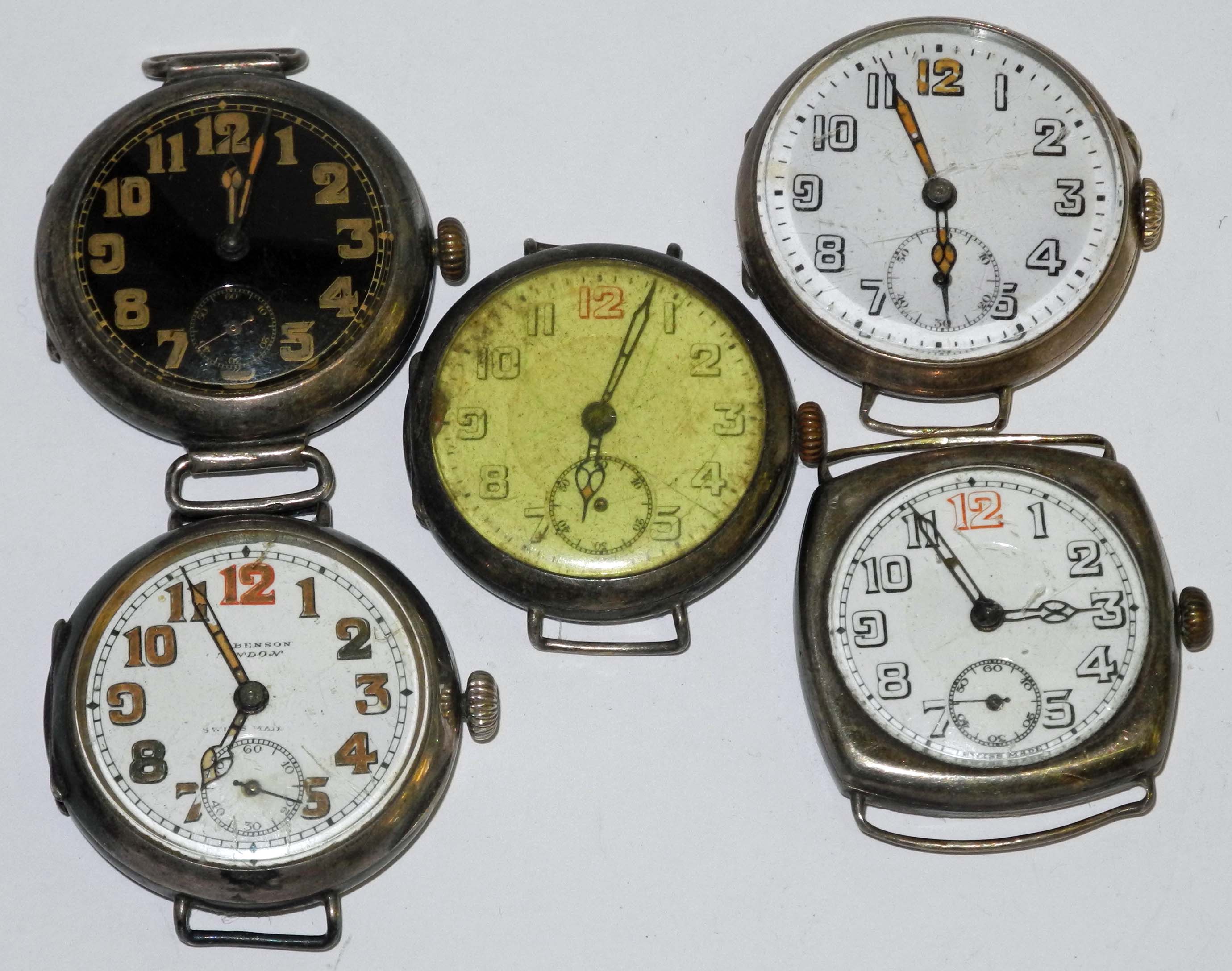 Five early 20th century Trench-type wrist watches, to include a Buren military watch, with black