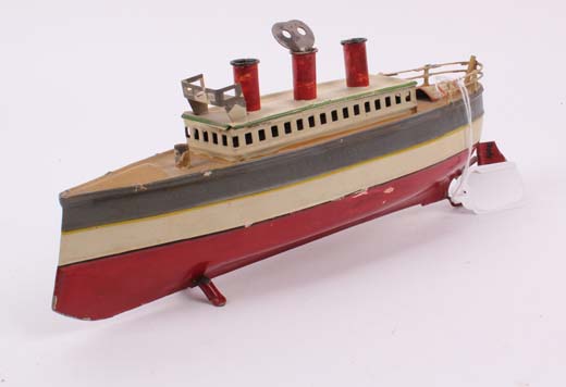 Fleishmann Steamer, circa 1908, with hand-painted red, white and grey hull, and three red