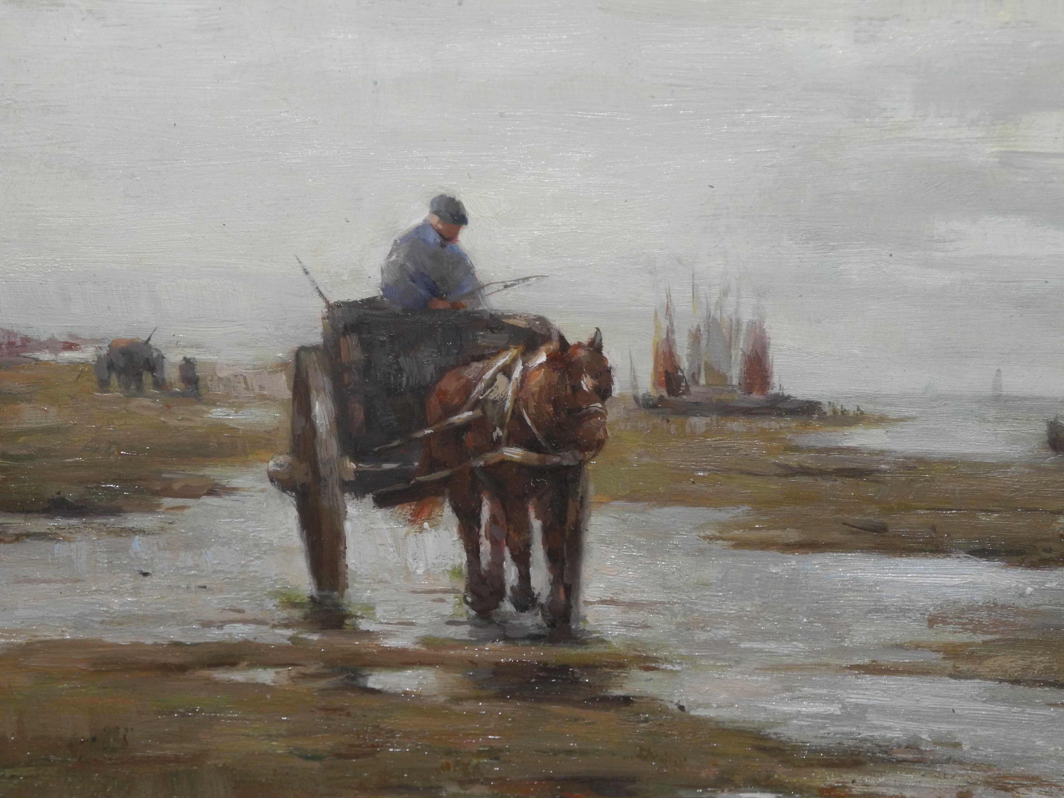 An oil on board, (possibly Breton school?) horse and cart wading across broads with fishing boats in