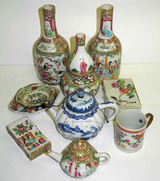 A collection of Chinese ceramics to include 19th century Canton enamel famille rose bottle vases,