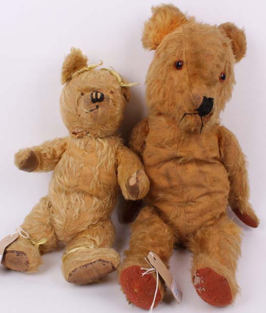 Two golden mohair jointed English 1940s Teddy bears (well loved, smaller one`s neck joint needs