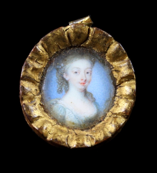 English School, 18th Century/Portrait of a Lady/her hair in ringlets, wearing a blue and grey