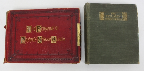 A Triumph stamp album and The Permanent Postage Stamp Album, Thick Paper Edition, each partially