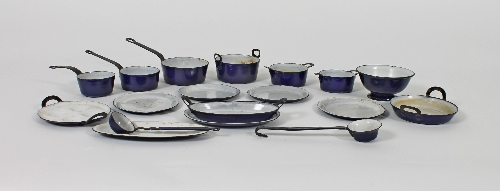 A dolls' blue and white enamel utility service of eighteen pieces