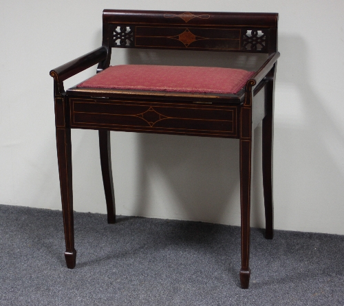 An Edwardian mahogany and inlaid piano stool with box seat on taper legs and a duet stool