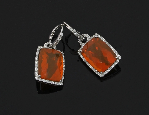 A pair of fire opal and diamond drop earrings, the diamond set hoops each suspending a shaped