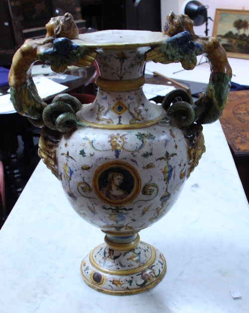 An Italian majolica urn in 16th Century style, 49.5cm (19.5”) high Condition Report: Chip to rim (