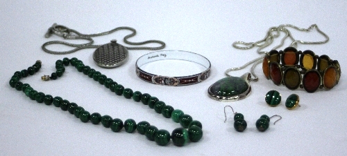A malachite necklace of graduated beads, 55cm (21.5") long, a pair of malachite bead drop