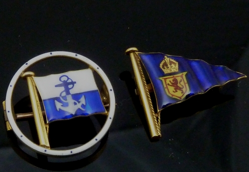 Two enamel and gold brooches of yachting interest, both by Benzie of Cowes, one in 18ct gold, the