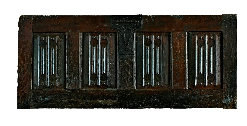 A French 16th Century oak section of four panels each with linen fold carving and with fine iron