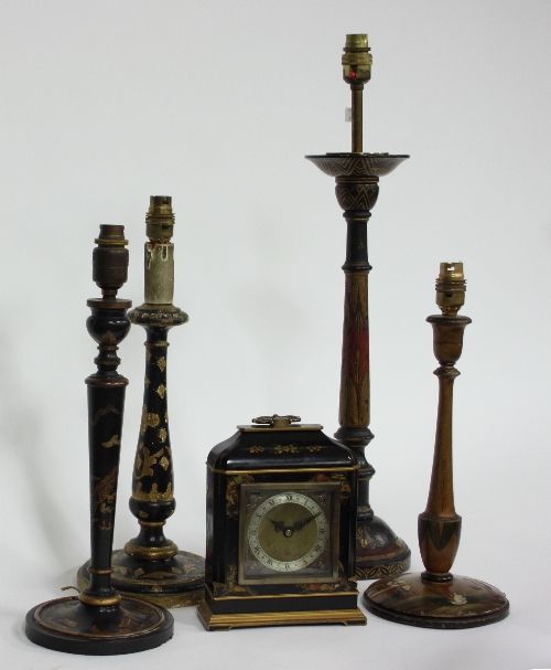 A mantel clock in a chinoiserie style case, 23cm (9") high and four candlestick table lights with