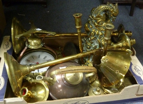 A pair of brass door stops, Punch and Judy, and a quantity of brass and copper