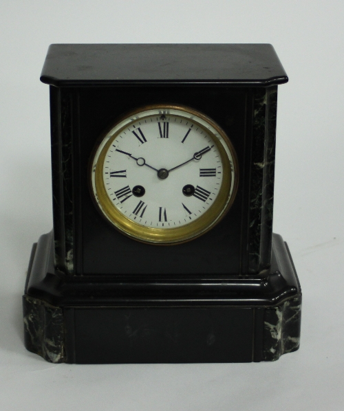 A French mantel clock with drum movement in a Belgian slate case, 22cm (8.75") high