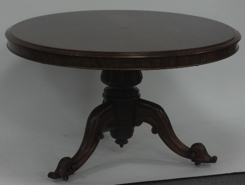 A Victorian mahogany breakfast table, circa 1860, the circular top on a carved baluster stem and