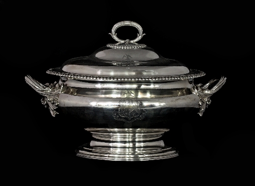 A Victorian silver soup tureen, Frederick Elkington, Birmingham 1874, the domed cover with reeded