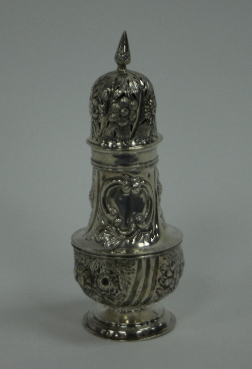 A Victorian silver sugar caster, George Jackson, London 1890, with pierced cover, embossed flowers