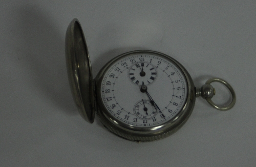 A hunter pocket watch with twenty-four hour white enamel dial with Arabic numerals, a subsidiary