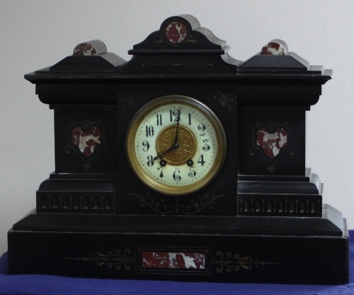 A French mantel clock in a Belgian slate and marble case, with eight-day movement