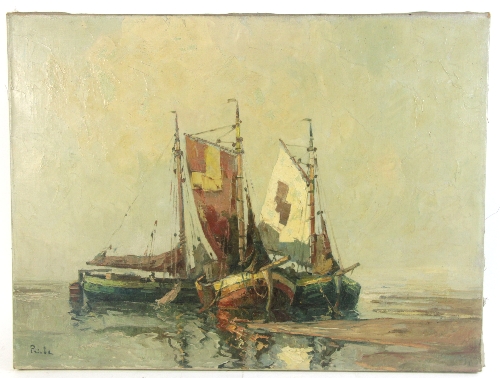 Rudolf Priebe/Beached Fishing Boats/signed/ oil on canvas, 59cm x 79cm (23.25" x 31")