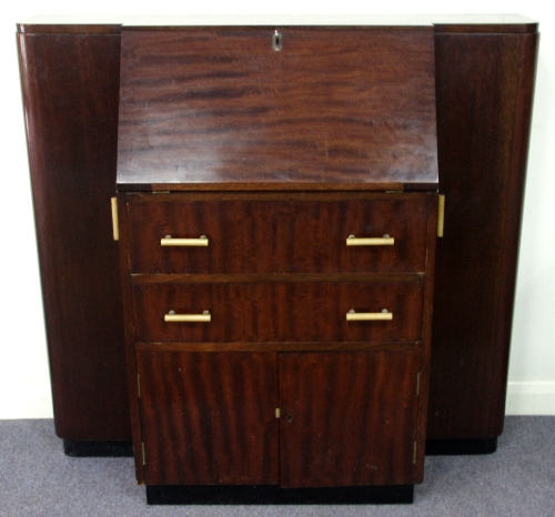 An Art Deco Style mahogany bureau/drinks cabinet, fitted drawers and pigeonholes beneath the fall