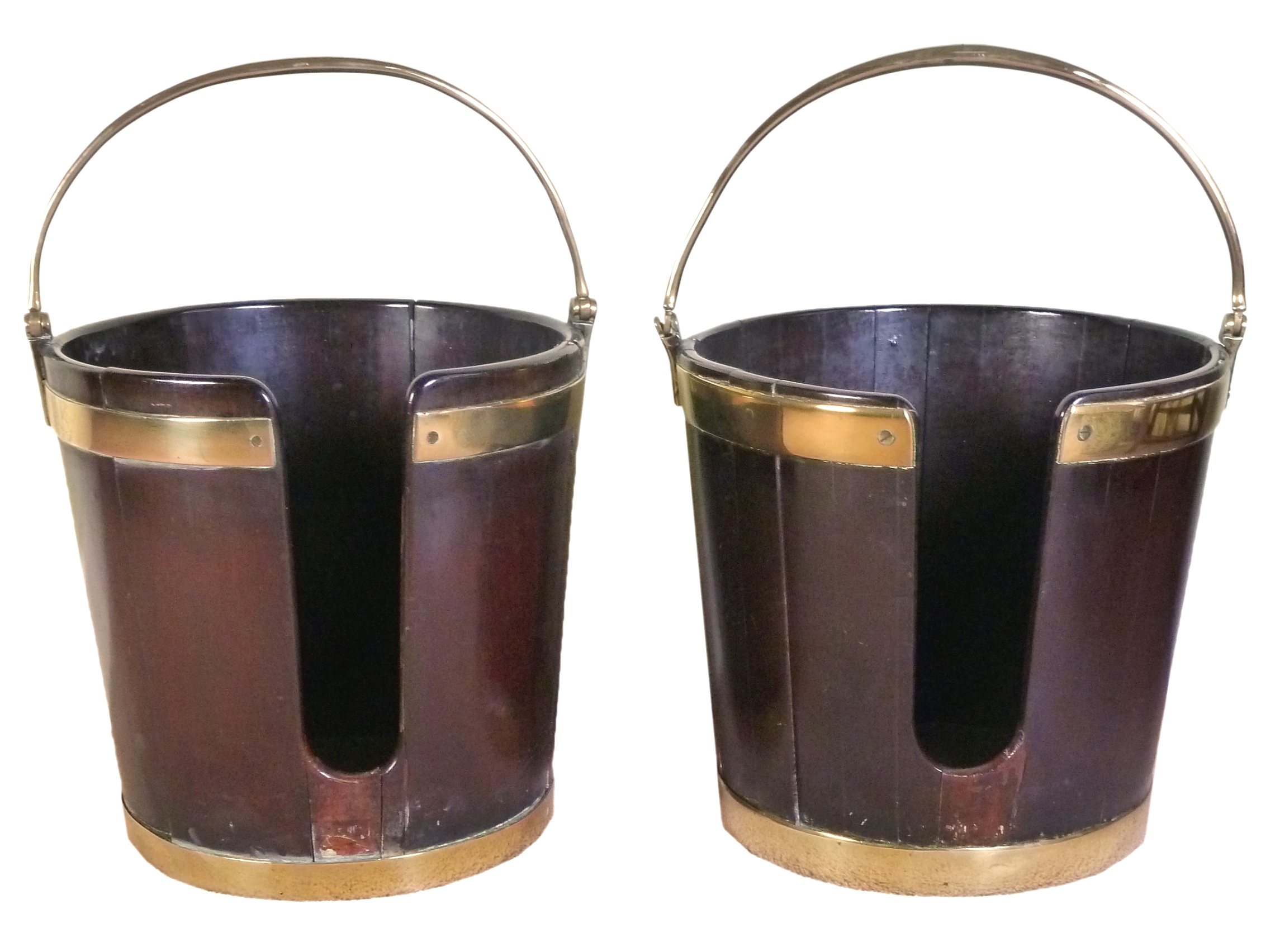 A pair of George III Irish mahogany plate buckets with brass loop handles and brass bands, 36.