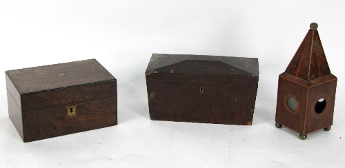 A mahogany tea caddy of sarcophagus shape, a Victorian work box and watch stand with obelisk top