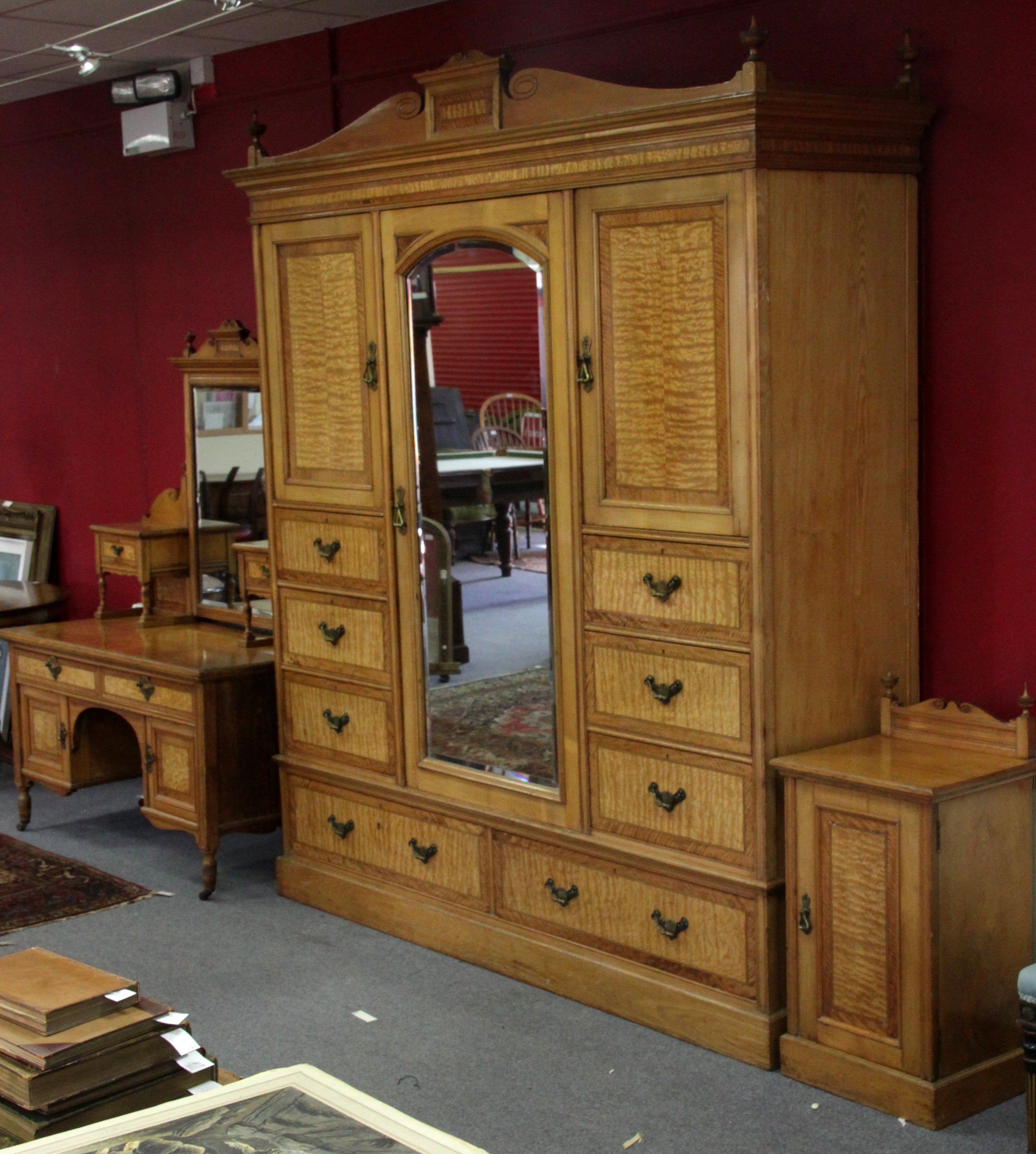 A late Victorian satin birch wardrobe, with mirror door and fitted cupboards and drawers 182.75cm (