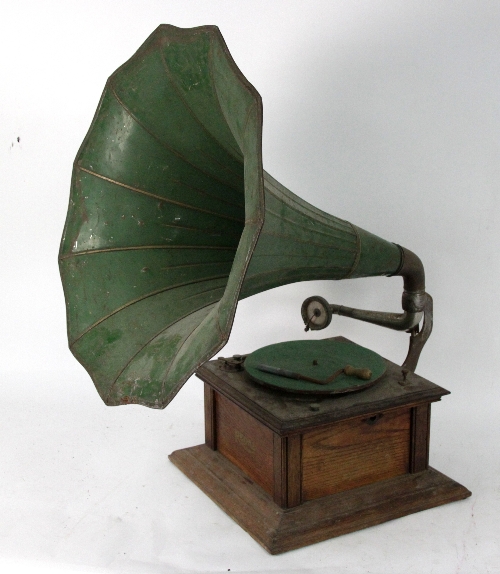 A Regal gramophone with green painted metal 'Morning Glory' horn