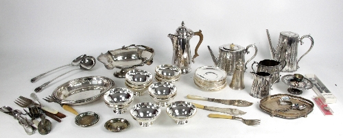 A quantity of silver plated wares including a three piece tea service and a coffee pot