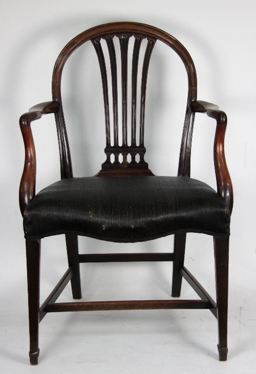 A matched pair of George III style mahogany armchairs, the moulded hoop backs with stop fluted spars