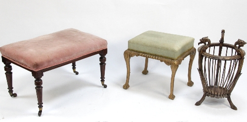 A Victorian upholstered stool, on turned fluted legs and castors, 76cm (30") wide, another stool and