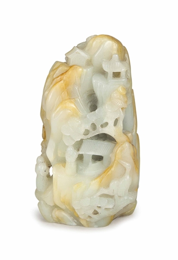 A SMALL CHINESE CARVED RUSSET AND GREY JADE FIGURE OF A MOUNTAIN LANDSCAPE,
depicting figures,