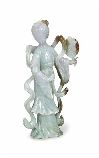A CHINESE CARVED JADEITE FIGURE OF A FEMALE IMMORTAL, 
7¾in. (19.6cm.) high 
View on Christie's.com