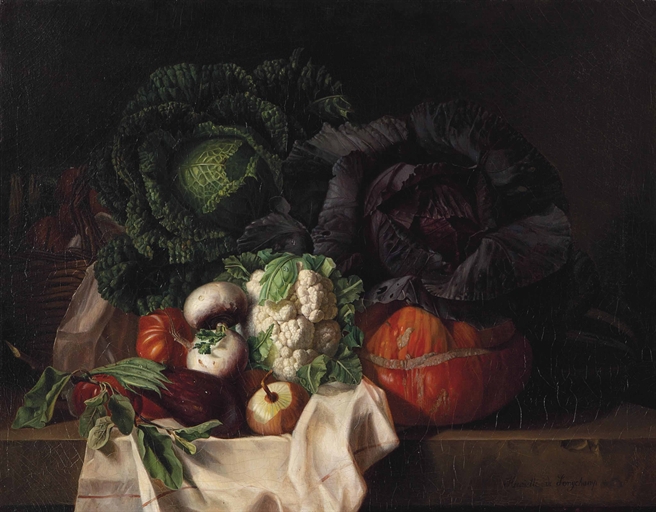 Henriette de Longchamp (French, b. 1818) 
Still life with cabbages, cauliflower and vegetables