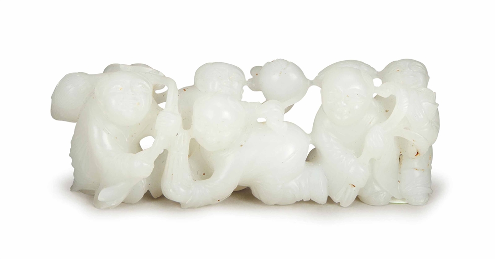 A CHINESE CARVED WHITE JADE PROCESSION OF BOYS, 
each carrying an auspicious symbol 
5in. (12.