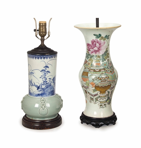 TWO CHINESE PORCELAIN VASES MOUNTED AS LAMPS, 
LATE QING DYNASTY, 
(drilled) 
The larger 14in. (35.