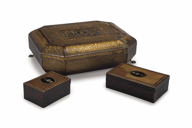 A CHINESE EXPORT LACQUER GAMES BOX, AND THREE SMALLER BOXES, 
19TH CENTURY, 
the games box