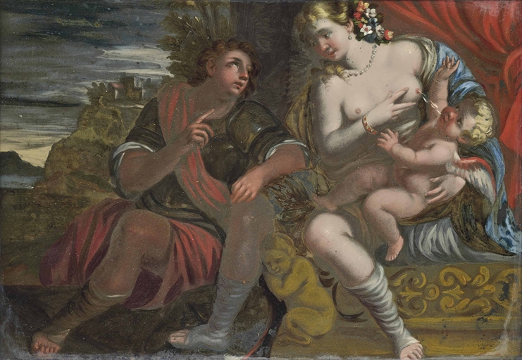 Carlo Garofalo (active in Madrid and Naples, 17th-18th century)
Venus, Cupid and Mars
oil on glass