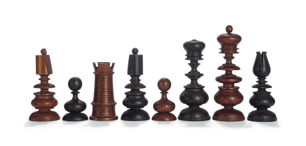 A VICTORIAN OAK AND EBONISED CHESS SET
BY I.PARKER, ETON, MID-19TH CENTURY
The kings with labels