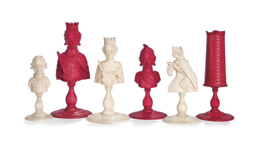 A FRENCH IVORY AND BONE BUST TYPE CHESS SET
EARLY 19TH CENTURY
Modelled to represent the French