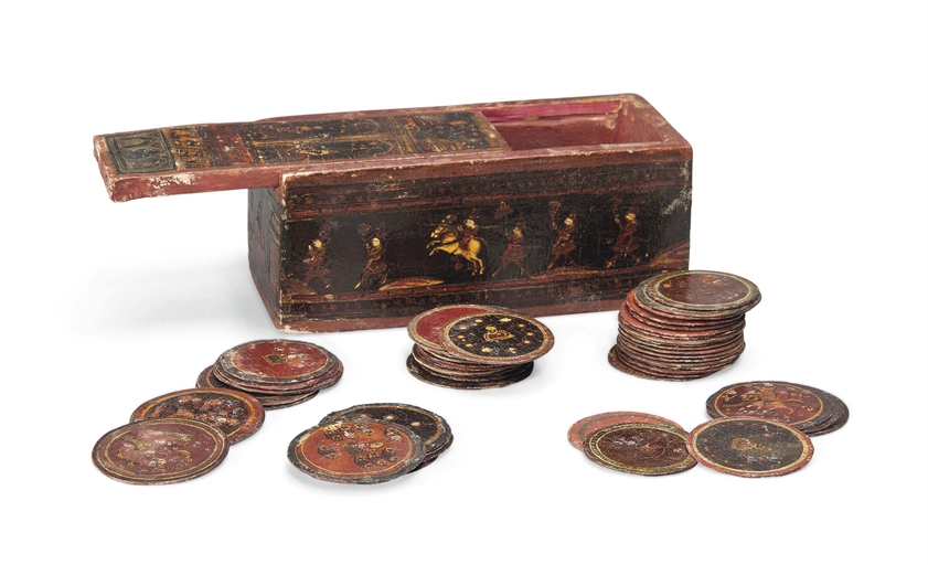 ONE HUNDRED AND FIVE INDIAN POLYCHROME LACQUER PAPIER-MACHE GANIJIFA PLAYING CARDS
PROBABLY