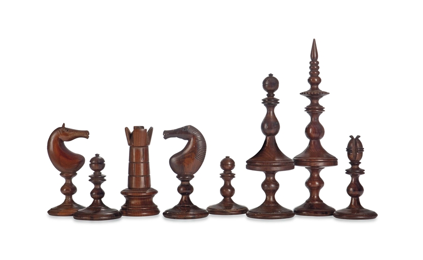 AN IRISH KILLARNEY ARBUTUS WOOD CHESS SET
FIRST HALF 19TH CENTURY
The royal pieces and bishops