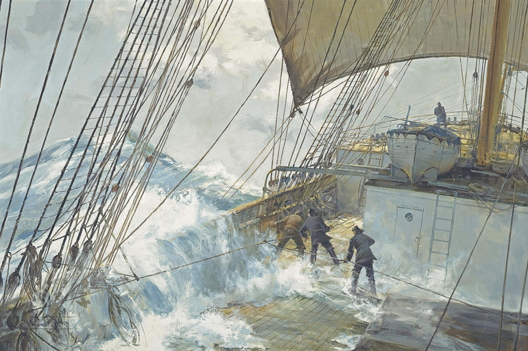 Montague Dawson, F.R.S.A., R.S.M.A. (Chiswick 1895-1973 Midhurst)
The rising wind: On deck aboard