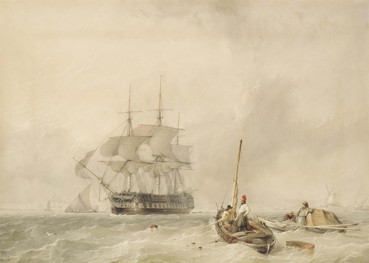 Thomas Sewell Robins (c.1809-1880 London)
A ship-of-the-line getting underway from her anchorage