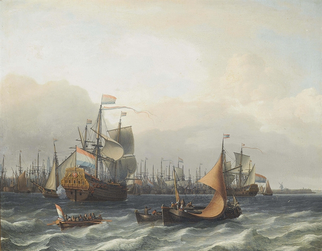 Aernout Smit (Amsterdam 1641-1710)
The Dutch fleet lying in the harbour at Amsterdam, with the