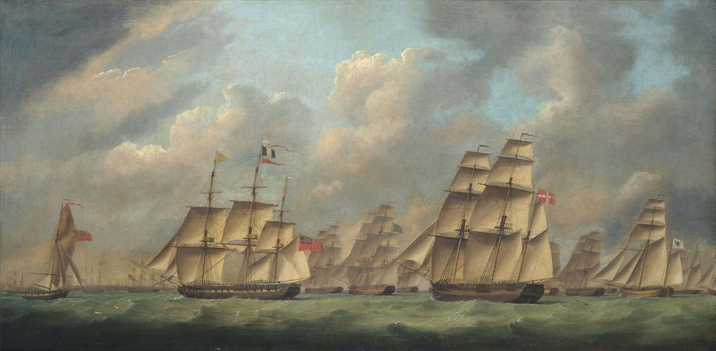 Robert Dodd (1748-1815 London)
An English frigate escorting a large international merchant convoy