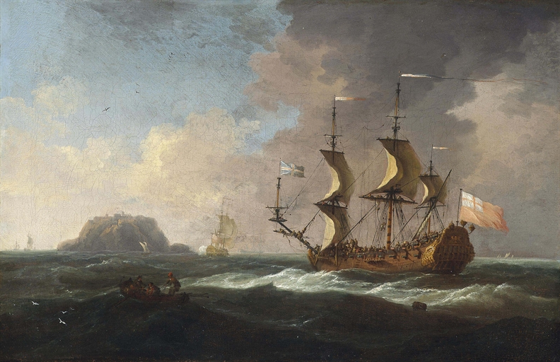 Attributed to Cornelis van de Velde (London c.1675-1729)
An English frigate heaving-to as she