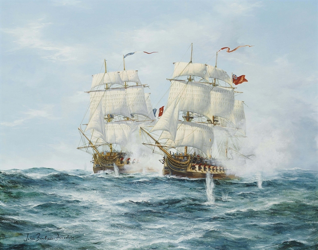 John Bentham Dinsdale (Yorkshire 1927-2008)
H.M.S. Dryad engaging the French frigate Prosperine,