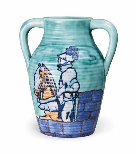 A CLARICE CLIFF 'KNIGHT ERRANT' INSPIRATION LOTUS JUG 
CIRCA 1930 
Twin-handled and decorated with a