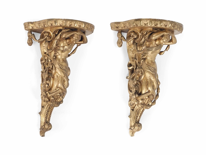 A PAIR OF FRENCH GILT-WOOD AND GESSO FIGURAL WALL BRACKETS 
MID-19TH CENTURY 
Each modelled as a